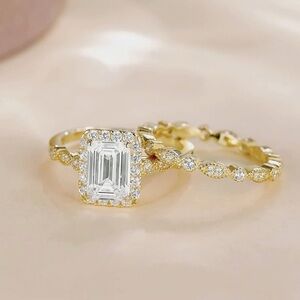 NWT-2CT Yellow Gold Emerald Cut .925 Sterling Silver Wedding Set